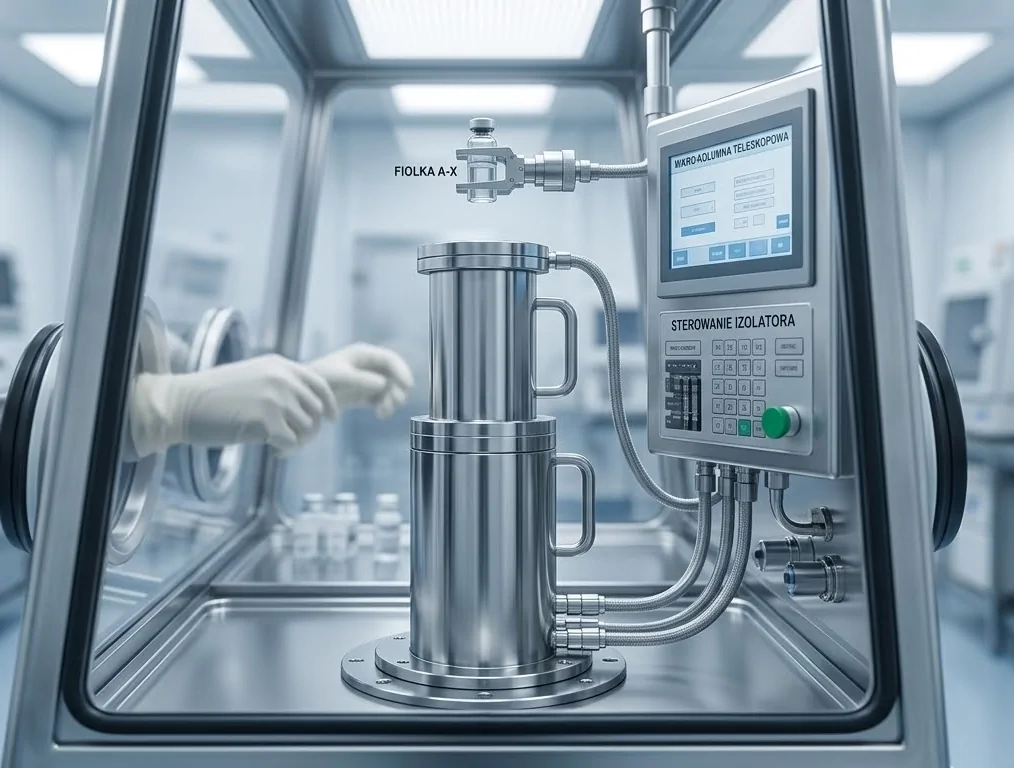 Izolator laboratoryjny z kolumnami podnoszącymi i panelem sterowania. Fiola A-X.