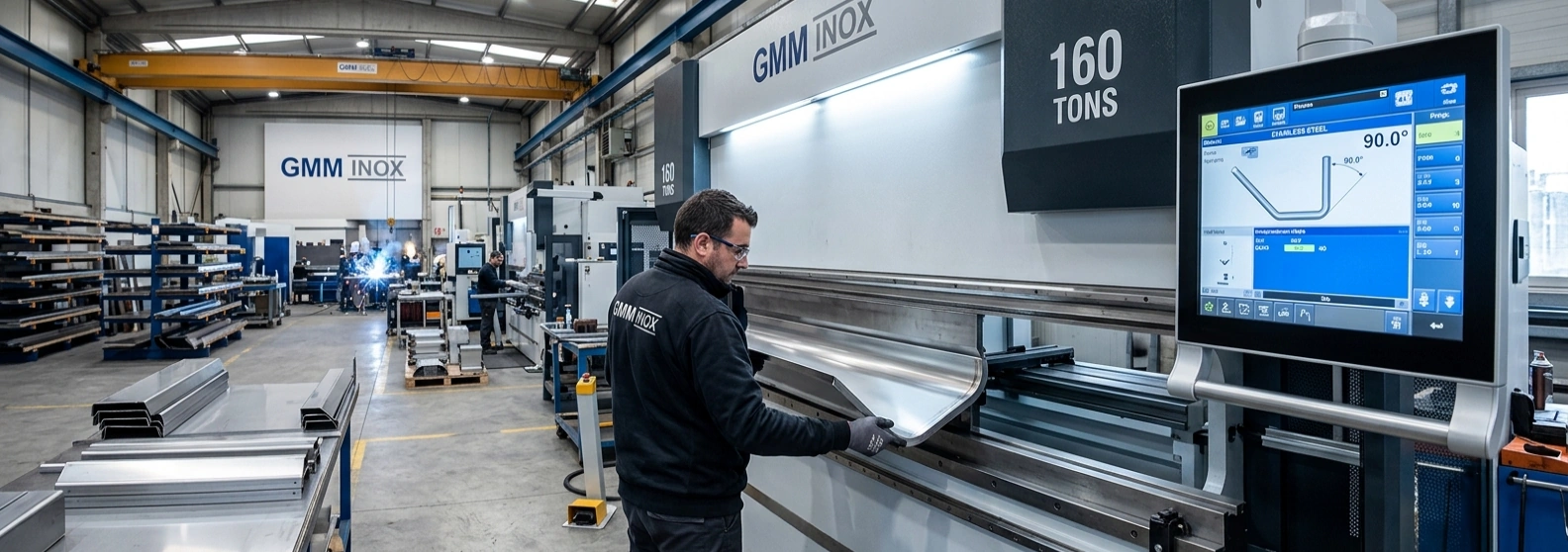 Gięcie na prasie krawędziowej: pracownik obsługuje maszynę GMM INOX przy formowaniu metalu.